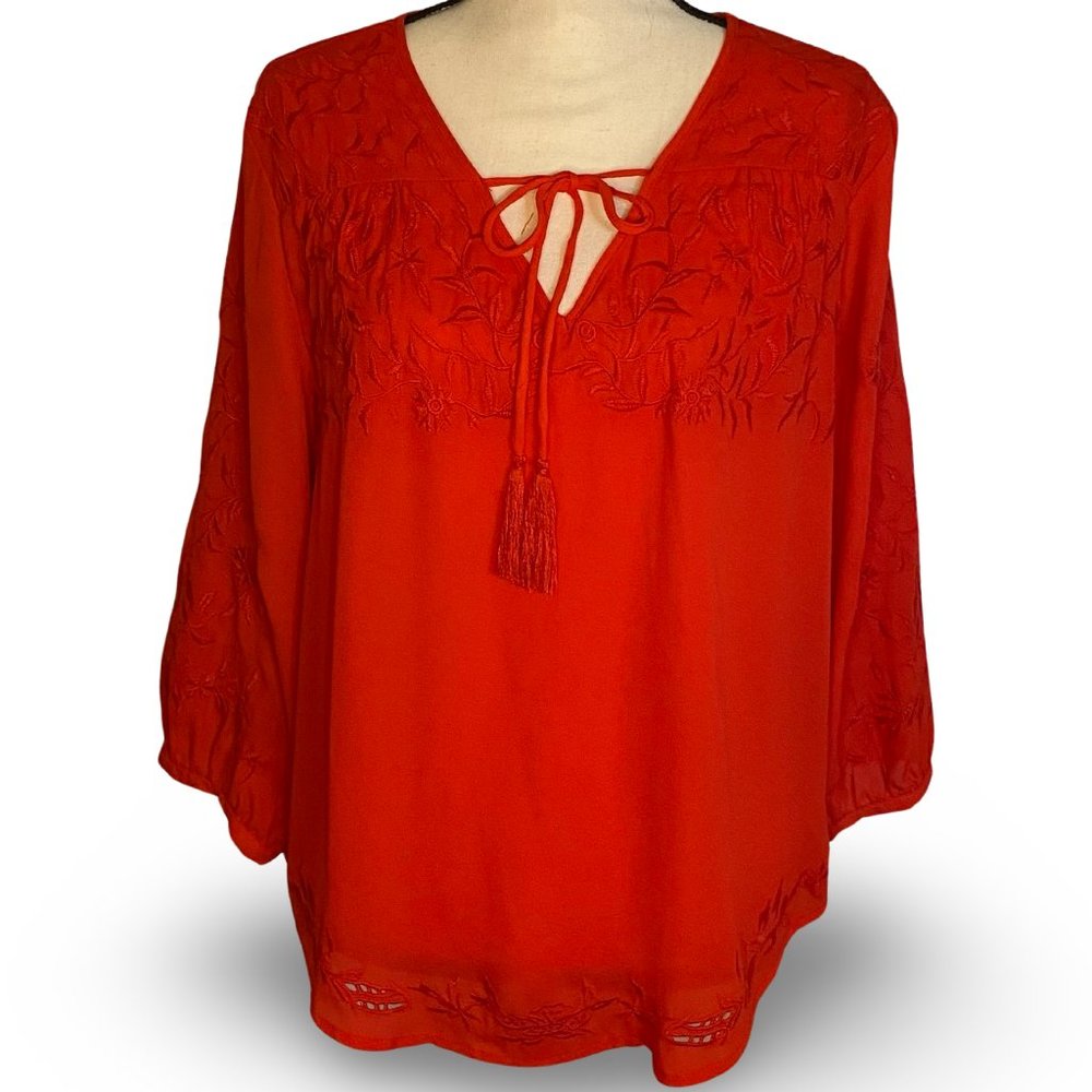 Cynthia Crowley Orange/Red Embroidered Blouse - Size Large